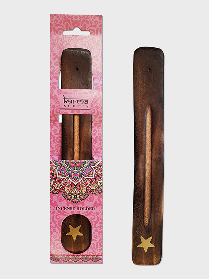 Namaste Karma Scents Brass Inlay Mango Wood Incense Ash Catcher Holder - Star