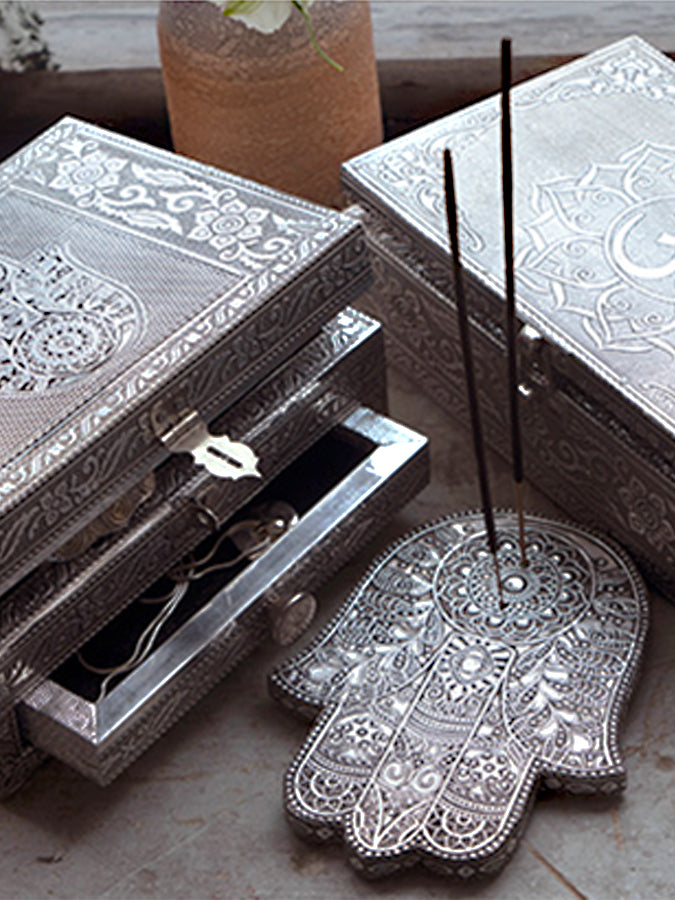 Namaste Hamsa Hand Embossed Incense Ash Catcher Holder